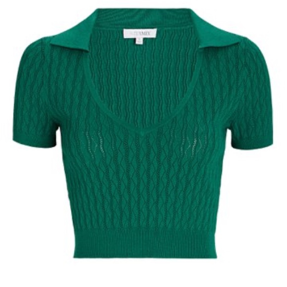 Intermix Teal Short Sleeve Collared Pointelle Sweater